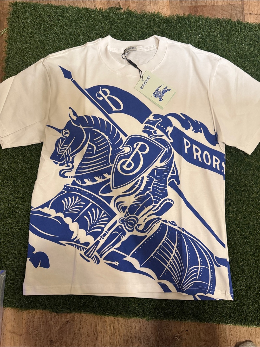 Burberry White T-Shirt with Bold Blue Knight Graphic